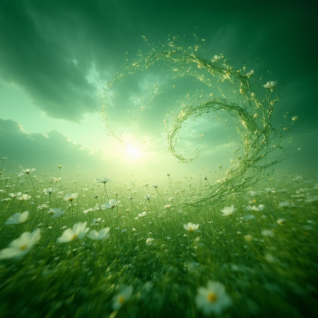 A portrait of invisible force made visible: a lush wildflower meadow captured mid-motion, every stem and bloom frozen in the precise instant of a powerful gust—flowers bending and twisting in synchronized spiral, petals mid-scatter, grasses braided i