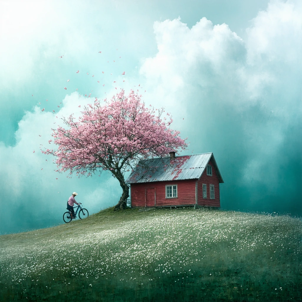 small red weathered wooden house sits on a gentle hill, slightly tilted, surrounded by drifting wildflowers and uneven terrain. A large blooming pinke