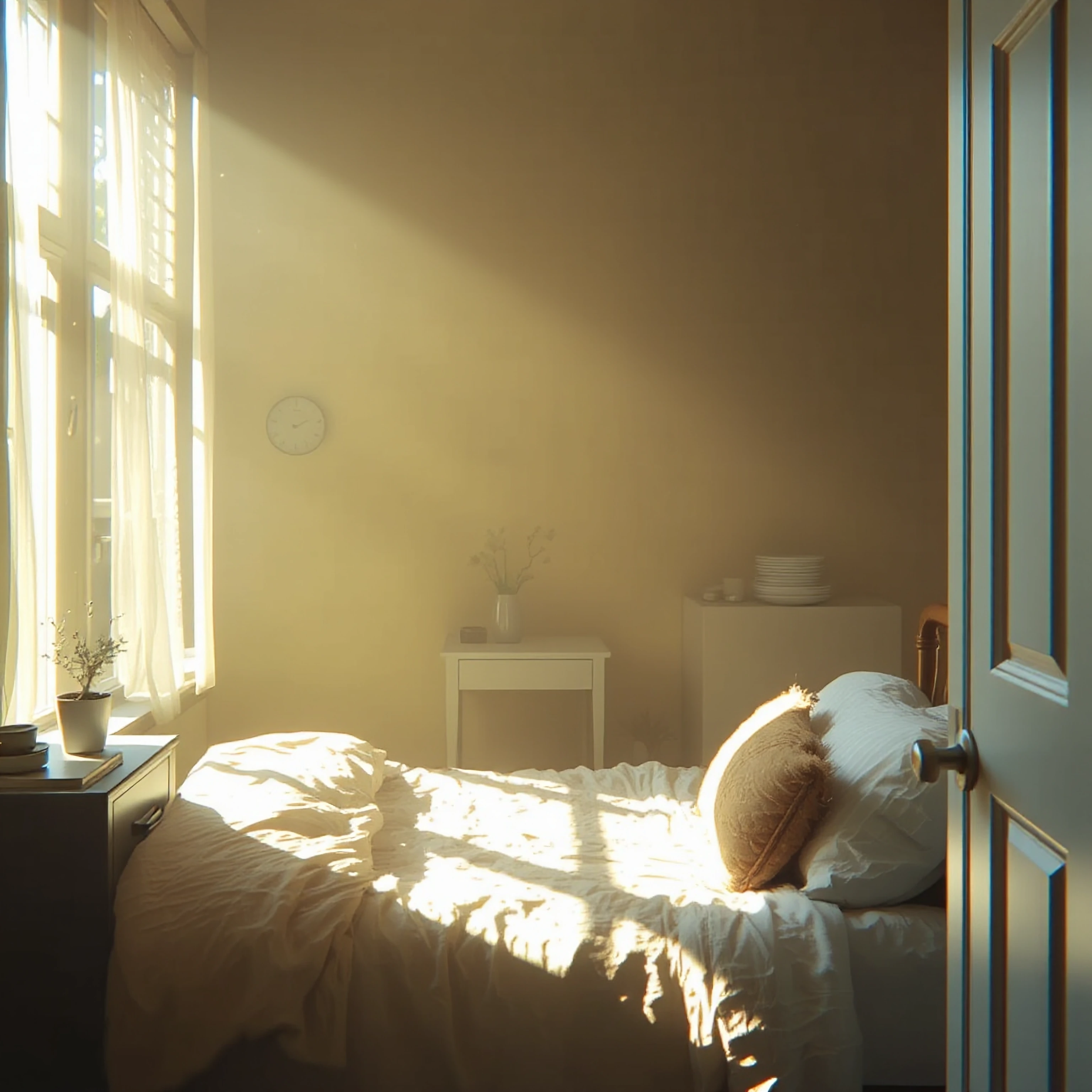 A surreal Monday morning interior where natural light defies physics, pooling and gathering in shadowed corners like liquid gold, soft beams bending u