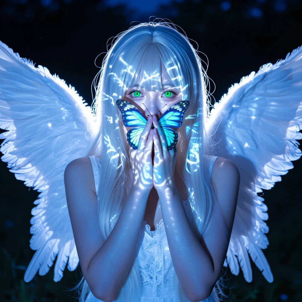 A young woman stands facing the camera in a dark nighttime outdoor setting, holding both hands with anatomically precise fingers pressed over her mouth and nose, her wide luminous green eyes staring directly into the lens above her fingertips. She ha