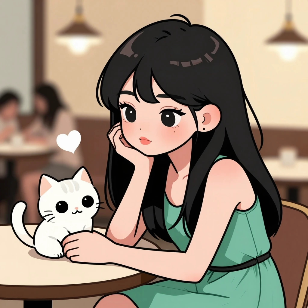 Cartoon woman sitting a cafe with her cat, cute art awesome style