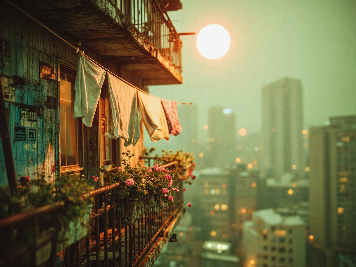 A gritty, textured Cyberpunk Synthwave style reimagines a domestic balcony as a weathered, industrial sanctuary bathed in acidic lime-green and glowing neon orange tones. In the foreground, a rustic balcony features a collection of potted plants and
