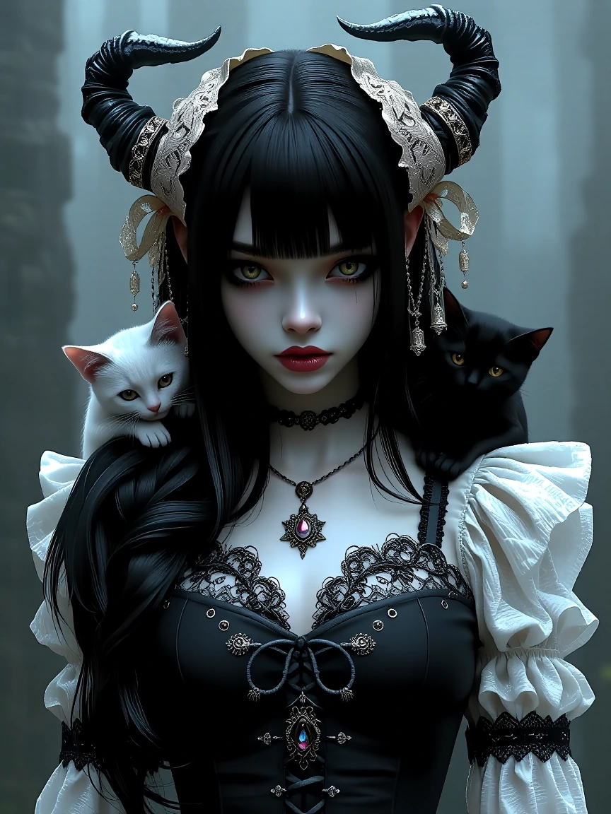 # Gothic Enchantment A porcelain-skinned girl with jet-black hair and striking pale eyes gazes serenely, adorned with delicate horns wrapped in lace ribbon. Two cats—one pristine white, one midnight black—nestle against her shoulders, mirroring her e