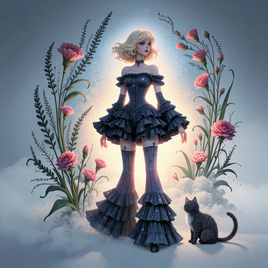 Woman blonde hair, 1970s style frilly bellbottoms and tube top, dark pastel Goth, with a cat