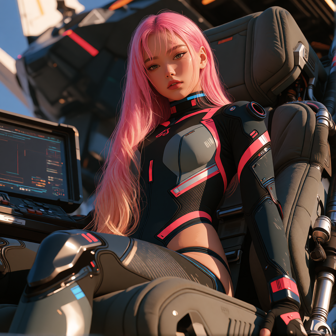 Create an extremely detailed cinematic cyberpunk mecha illustration combining TWO COMPLETELY DIFFERENT VISUAL STYLES. The female character must be ren