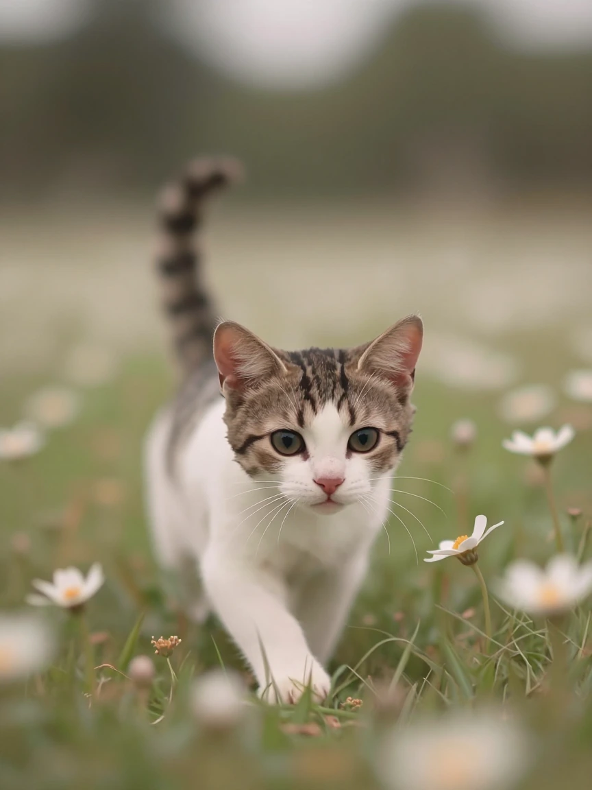Kitten crouching and sneaking through a field of flowers