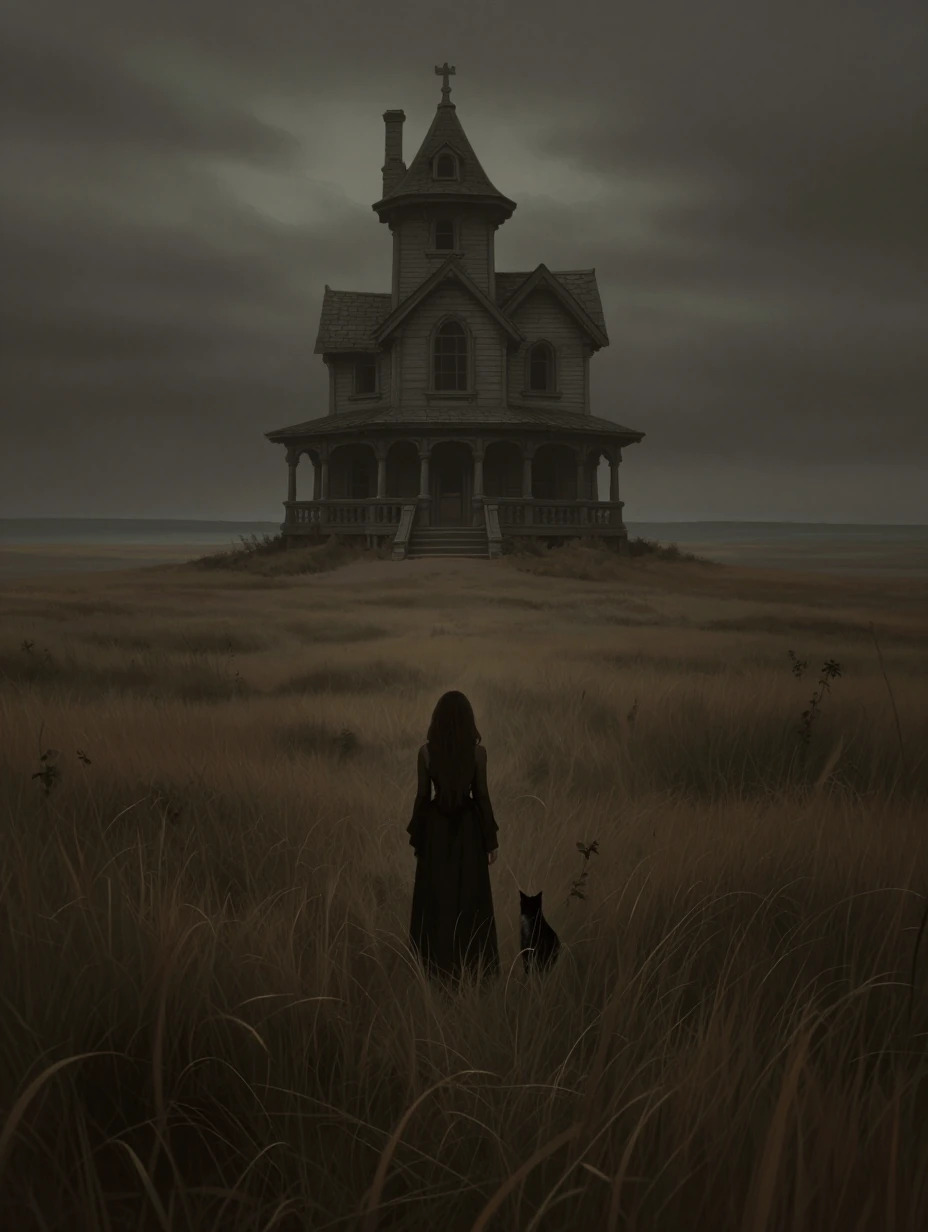 Dark goth woman with a cat, haunted house