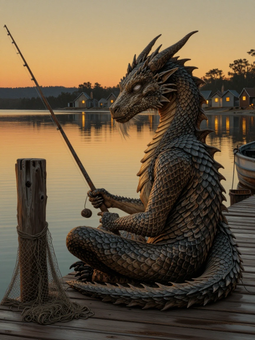An elderly dragon with weathered scales the color of weathered driftwood, sitting cross-legged on a wooden pier at golden hour, fishing rod in clawed hands held with patient precision. The dragon's face is lined and calm, one eye closed in contentmen