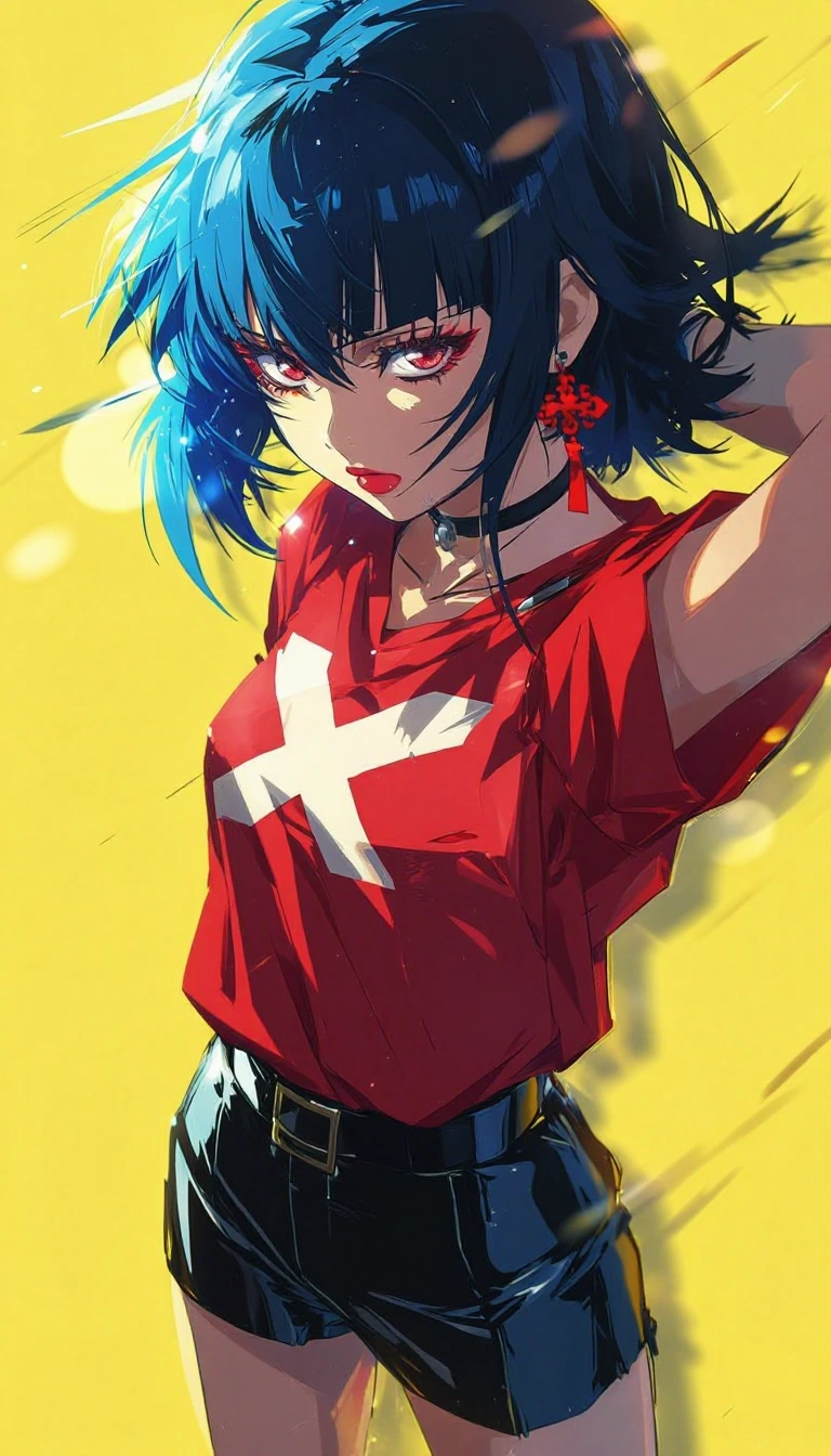 anime girl with split-tone hair ice blue and jet black, blunt geometric bangs with individual strand definition, sharp red lipstick with glossy sheen,