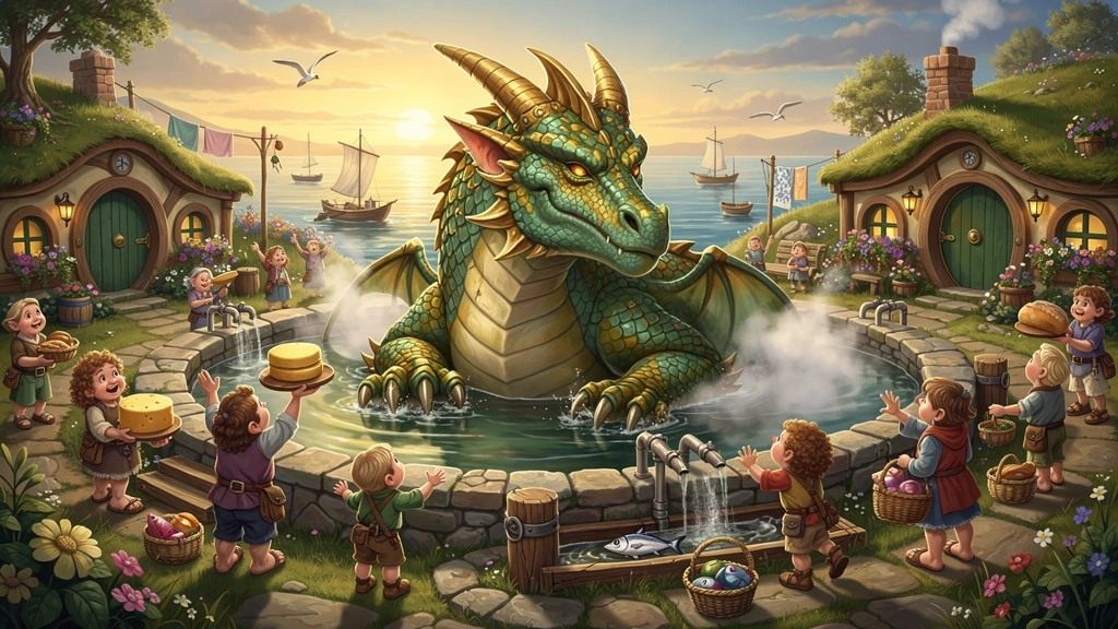 a dragon retired to a quiet fishing village where the quaint Hobbits welcomed their great protector with offerings of cheese and fish in return for a 