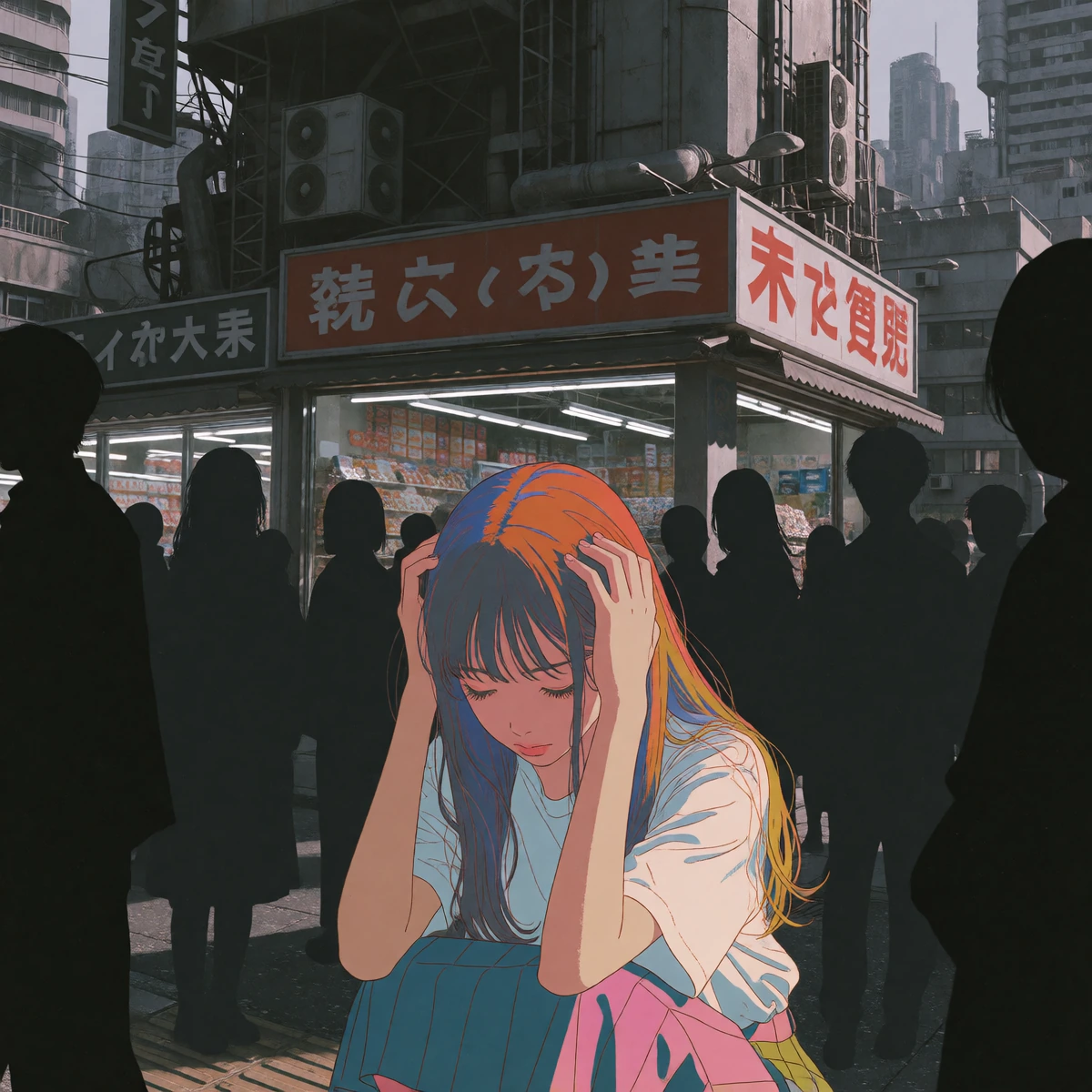 masterpiece, best quality, very aesthetic, extremely detailed, score_7, year 1995, 1girl, solo focus, long hair, closed eyes, looking down, squatting, hands on own head, shout lines, silhouette crowd, storefront, cityscape, surreal, horror, a colorfu