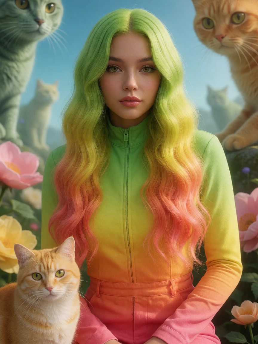 beautiful woman melon green melon pink melon yellow melon orange ombre hair, with her cat, melon ombre jumpsuit, otherworldly background scenery, photo realistic