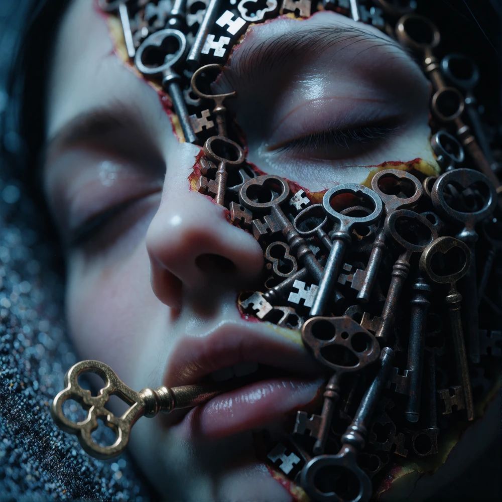 Macro photography, unsettling, visceral horror. A human face, eyes closed in peaceful sleep, but the skin is splitting open like a ripe fruit. Instead