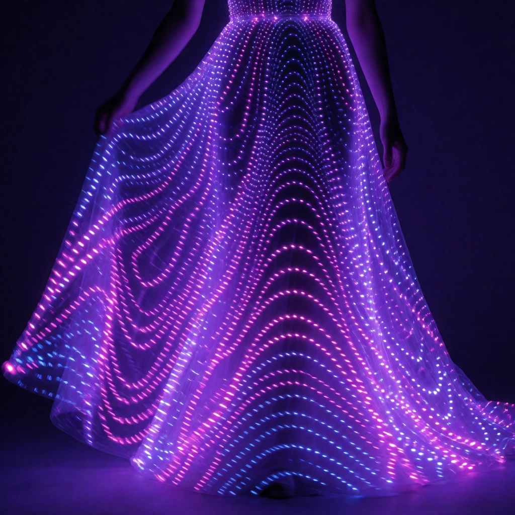 A woman wearing a floor-length gown constructed entirely of programmable micro-LEDs in ultraviolet and deep purple hues, the lights arranged in flowing, undulating patterns that suggest liquid movement across the fabric. The dress ripples with cascad