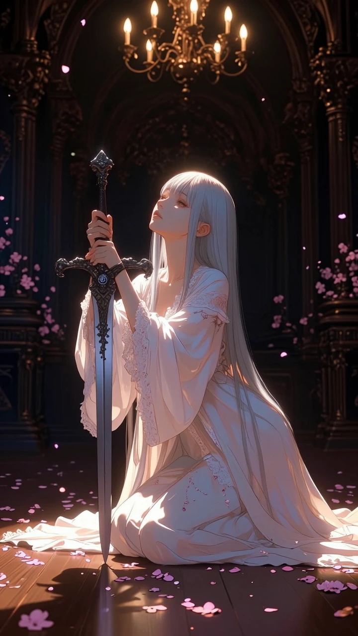 A serene, ethereal fantasy scene of a young woman with long silver hair kneeling on a polished wooden floor, holding a large ornate ceremonial sword with both hands, sword tip resting on the floor amid scattered pink flower petals; wearing a delicate