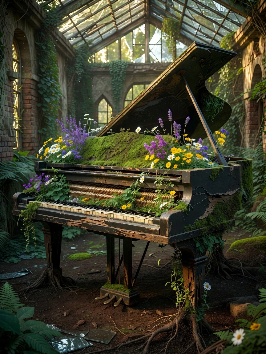 a piano slowly becoming a garden