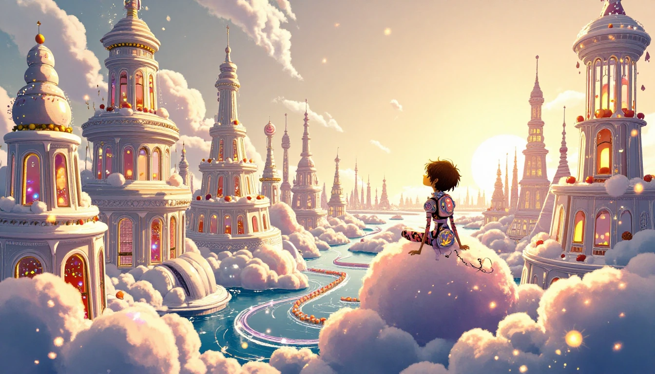 A whimsical futuristic dreamscape where an entire city floats among vibrant, oversized candy clouds—buildings sculpted from spun sugar, cotton candy t