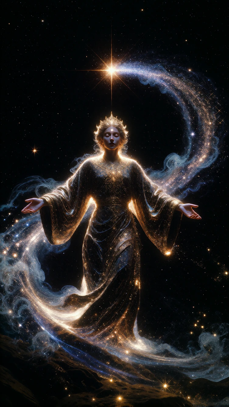 An ethereal human figure centered in frame against a deep black, star-filled cosmos, full-body portrait with arms slightly outstretched and eyes closed, serene tranquil expression, a single brilliant star hovering directly above the head like a crown