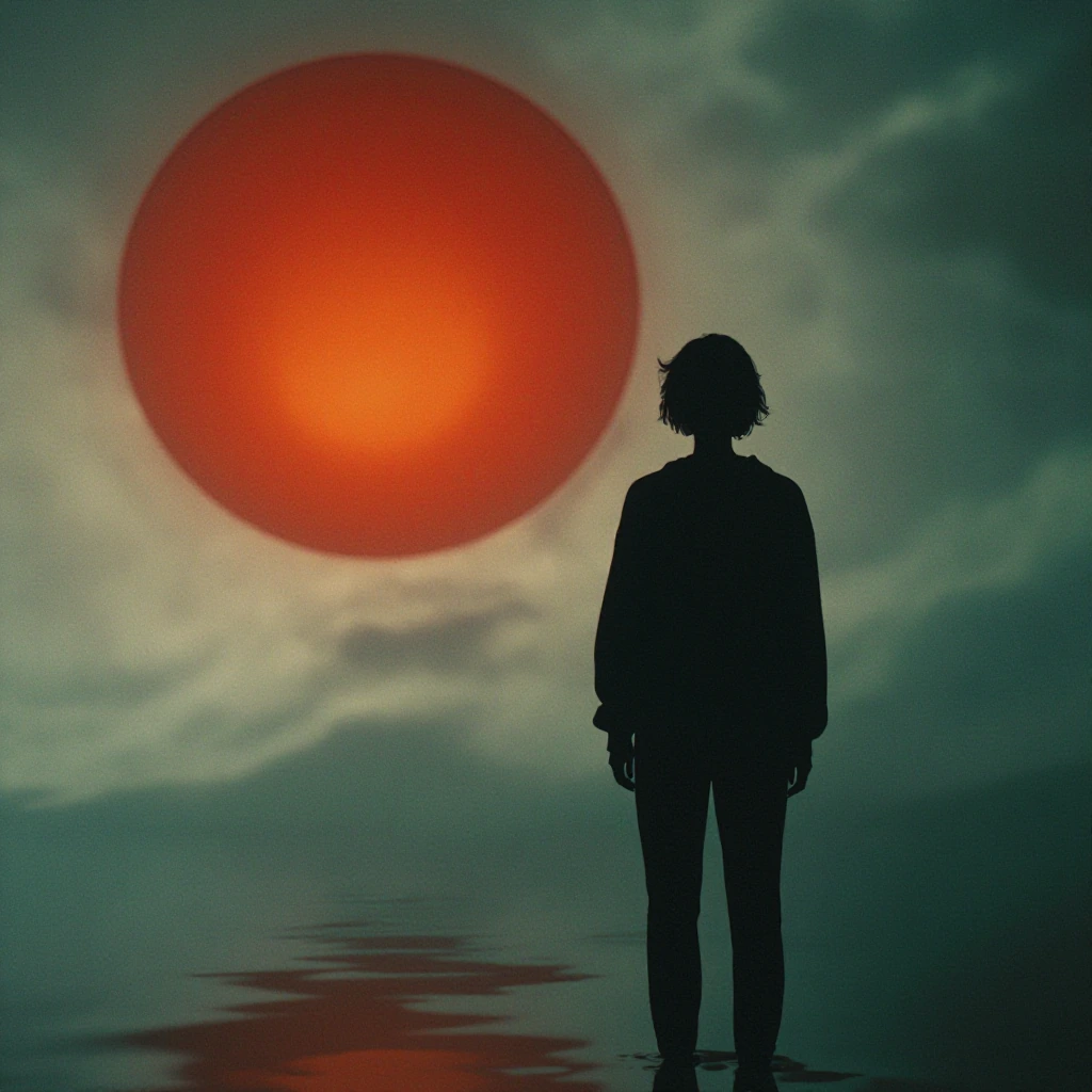 a lone dark silhouette of a figure in a casual sweatshirt viewed from behind standing before an enormous softly glowing spherical orb of deep warm orange-red light positioned in the upper left occupying much of the background like a massive sun or po
