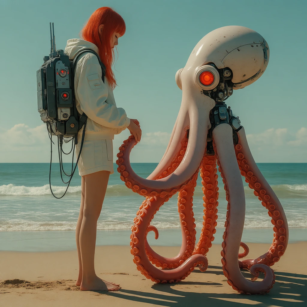 pale vivid color palette, woman on the beach with robot octopus, shes wearing a cybernetic backpackl