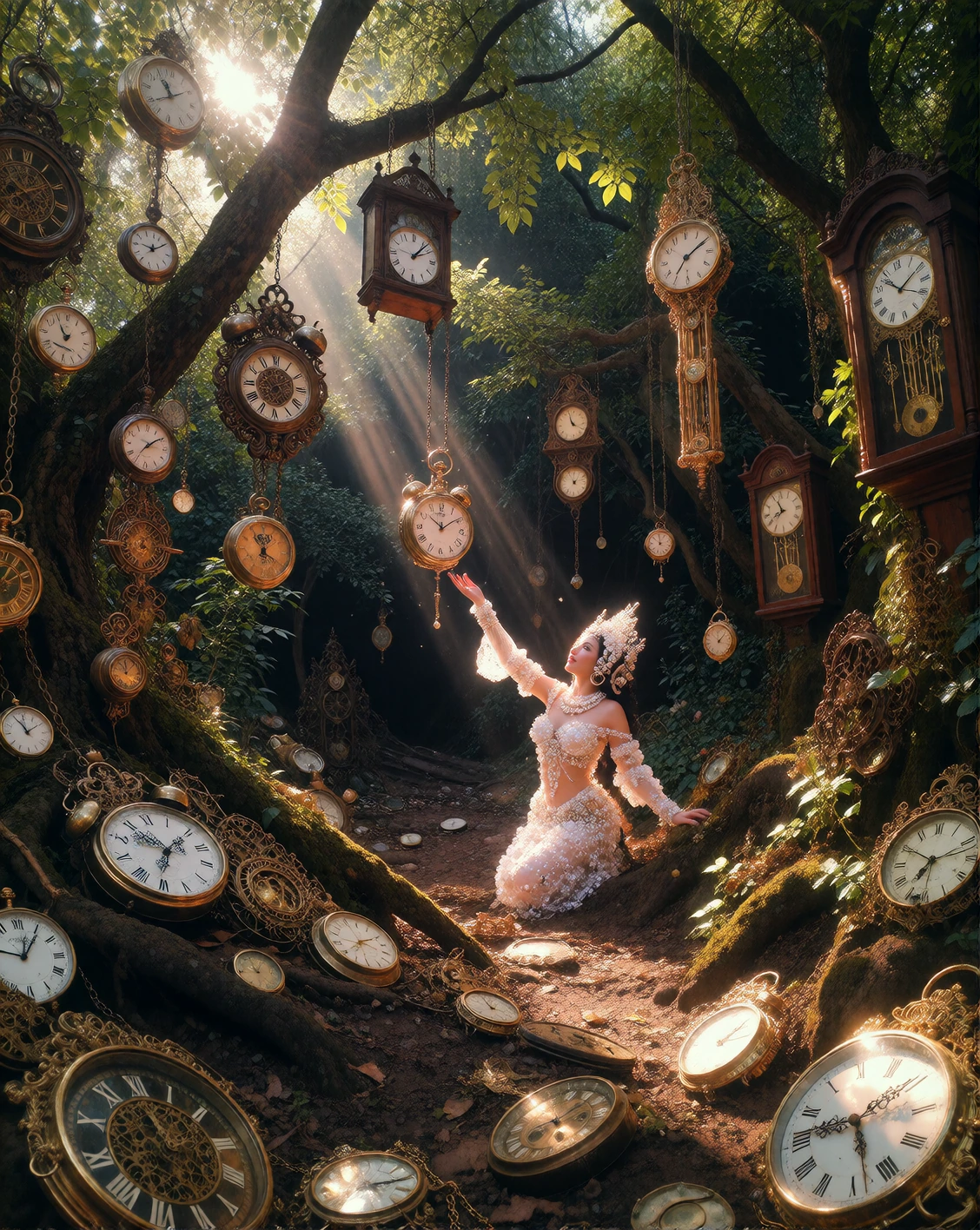 Surreal orchard at golden hour: gnarled trees heavy with ornate mechanical clocks of every size and era hanging like fruit — pocket watches, grandfather clock faces, brass alarm clocks, art deco designs — branches bent under their weight, some clocks