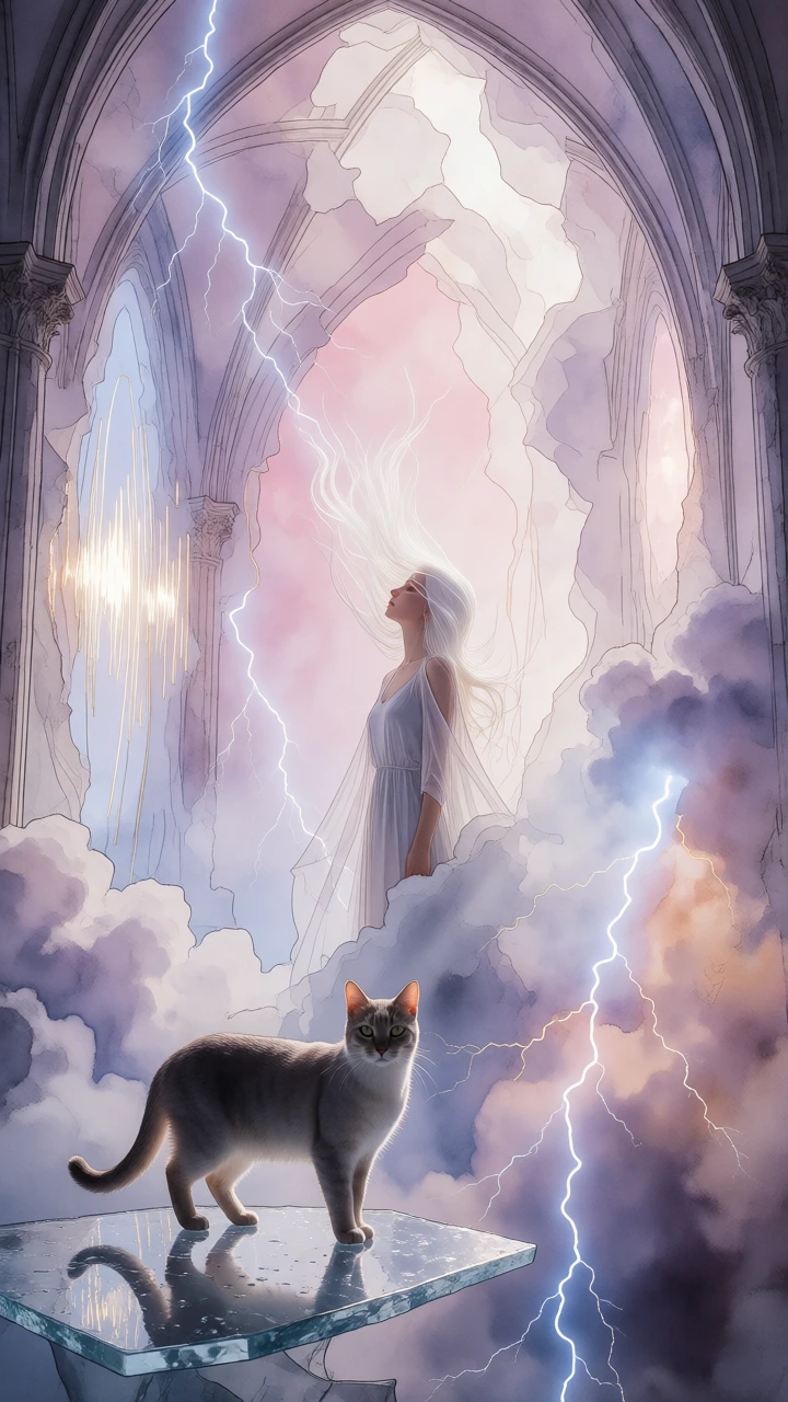 A vertical mixed media artwork imagining the inside of a thunderclap as a luminous storm cathedral: jagged lavender and electric white sound-waves forming vaulted walls, clouds split open like translucent paper, pale gold lightning veins suspended in