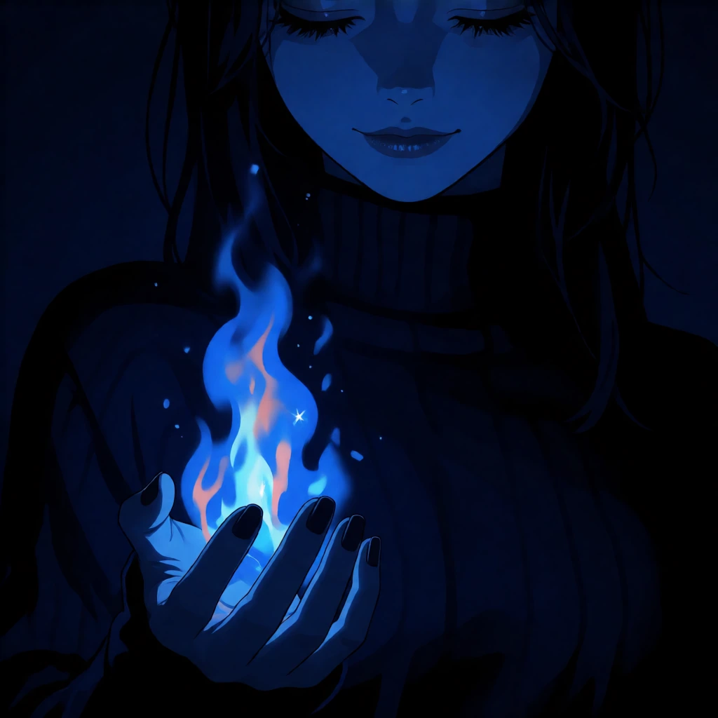 woman holding a blue flame, blue tones only dark midnight indigo you choose