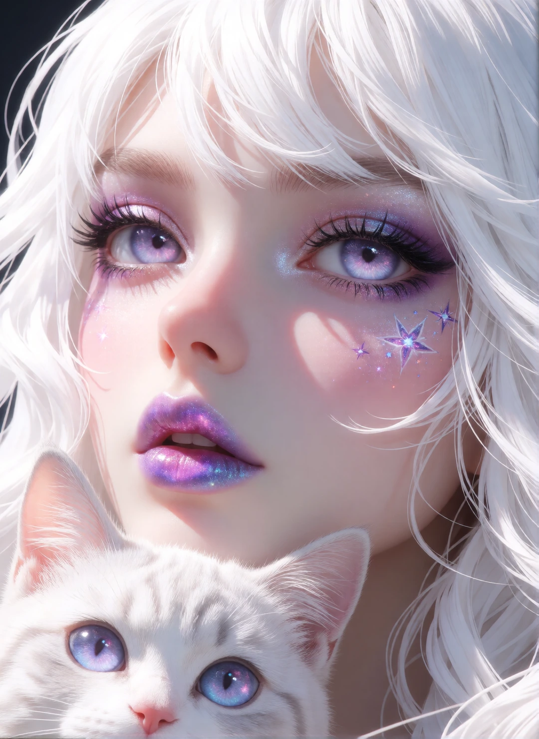 Woman white hair with Beautiful pale galaxy lip art, lavender eyes. With a cat.