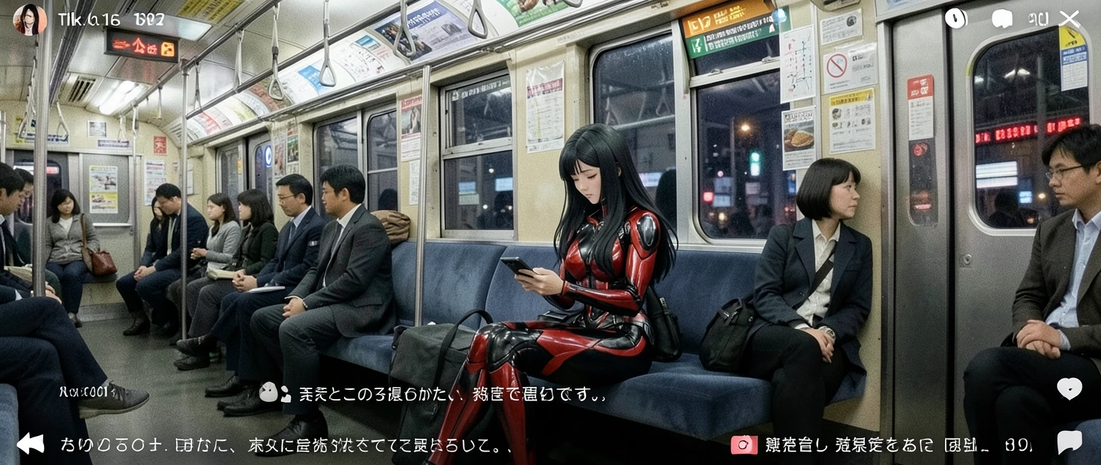 Vertical screenshot from a casual smartphone video casually filmed by an ordinary person inside a typical Japanese commuter train during evening rush hour. The image has the authentic texture and feel of real smartphone footage: subtle sensor noise, 
