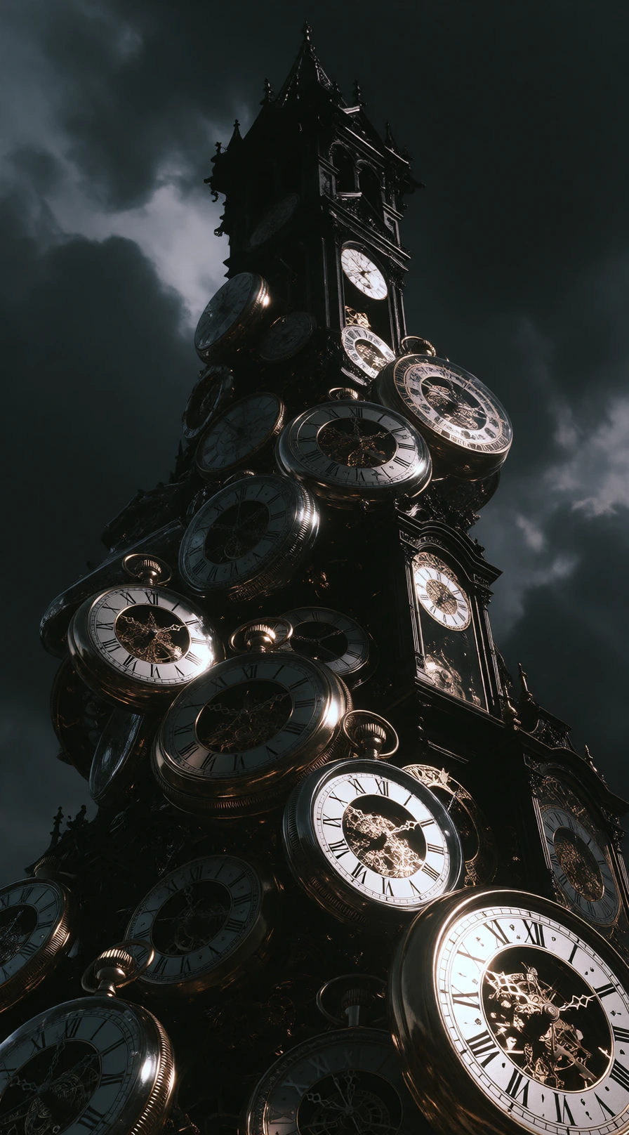 A gothic tower spiraling skyward, constructed entirely from stacked horologes of every era—pocket chronometers, grandfather mechanisms, carriage clocks, wall-mounted timepieces—their faces and escapements fully exposed and interlocking, each frozen a