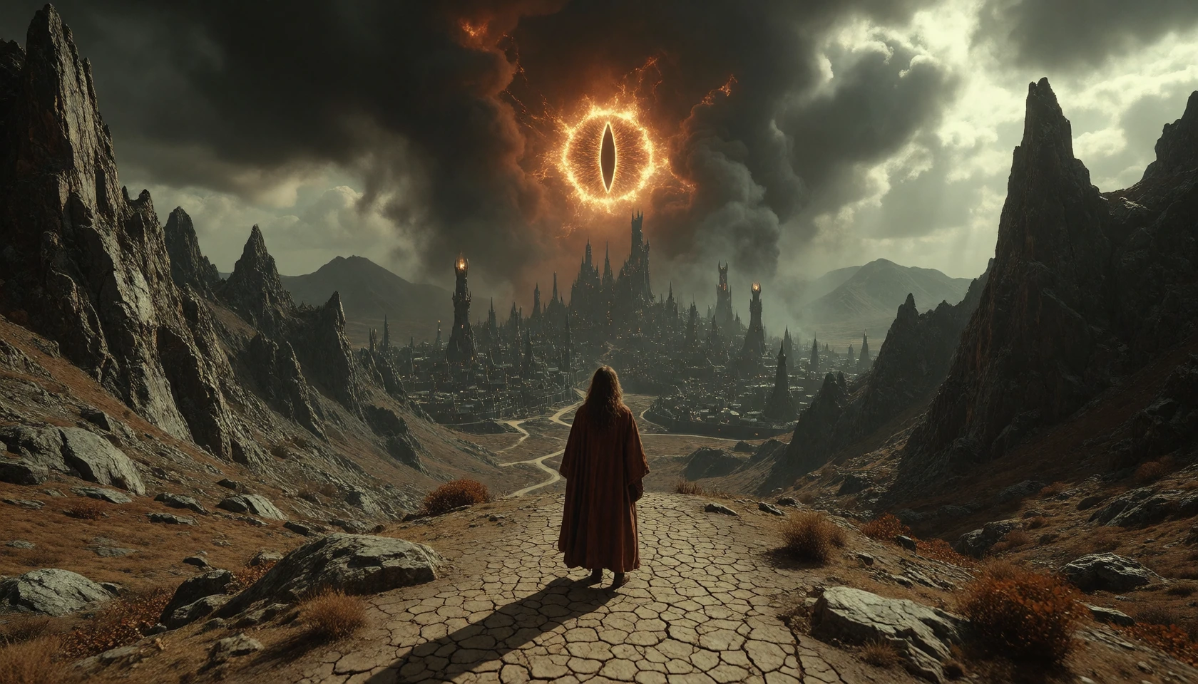 First-person view standing atop a rocky hill,looking towards the distant evil city of Mordor. A jagged mountain range frames the scene,with a dark,sprawling city at the center. The Eye of Sauron looms large above the city,radiating an intense,fiery g