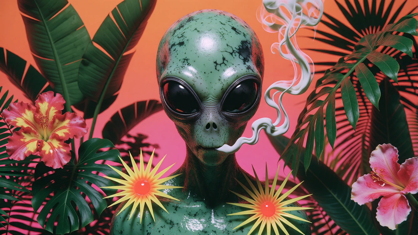 16:9 keyframe, high-grade illustration mixed with raw hand-drawn animation and bold graphic collage style, thick imperfect black outlines, extreme saturated color fields, --sref 37688021 --p w279swp --sv 6 “A baked alien.” A powerful, centered compos