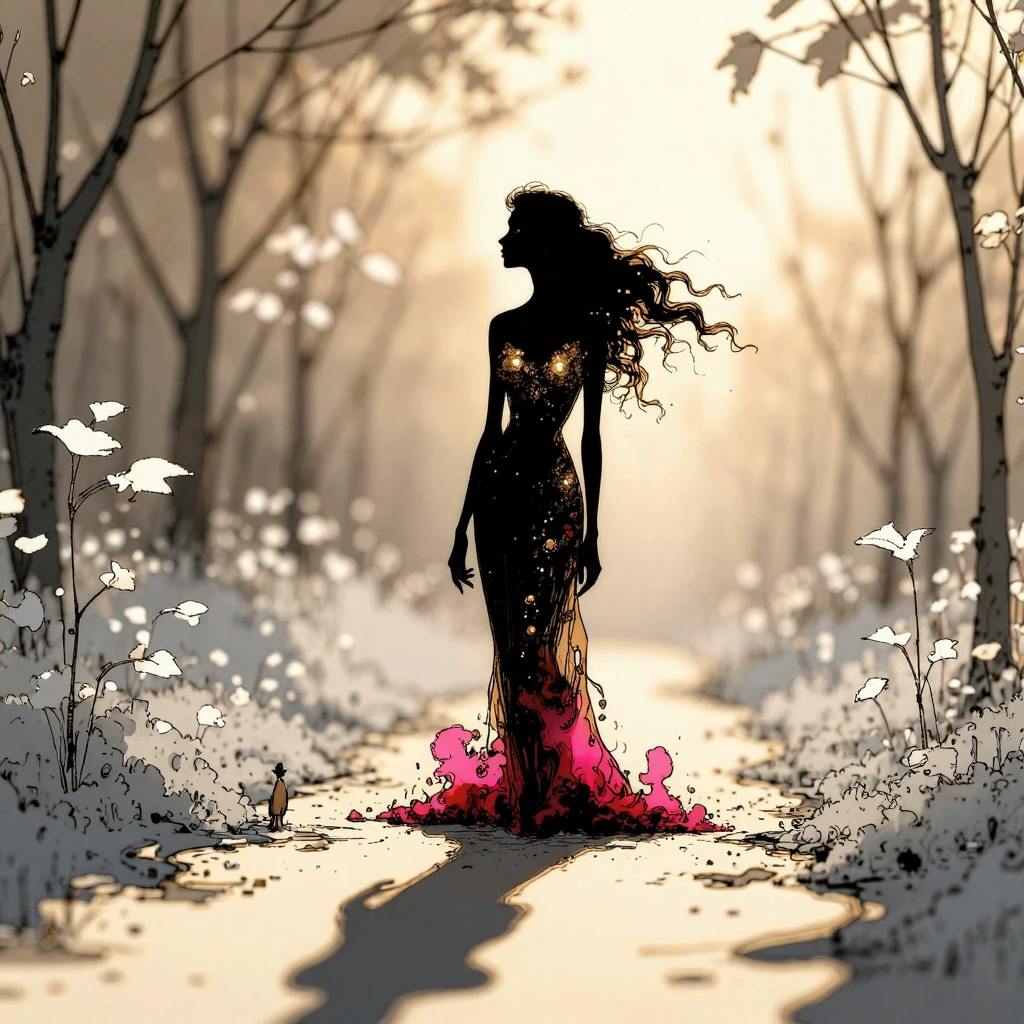 Silhouette Art, breathtaking, woman ,Ink imagery, ((( absurdres divine aesthetic extravaganza alcohol ink sketch))). amazing, fine, detailed, masterpi