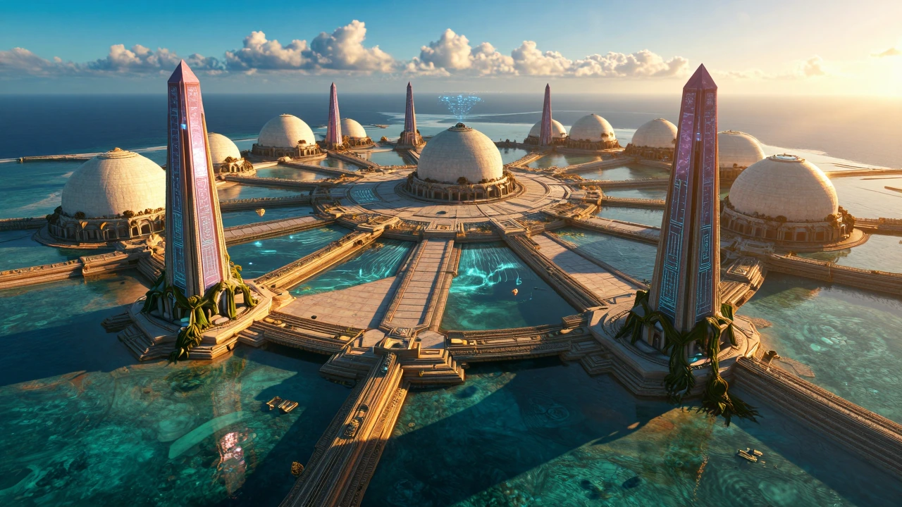 Reveal the sunken ruins of Atlantis emerging from a receding ocean at low tide, an ancient island city slowly surfacing from shallow turquoise waters as the sea pulls back to expose its breathtaking architecture. Crystal-clear tidal pools reflect shi