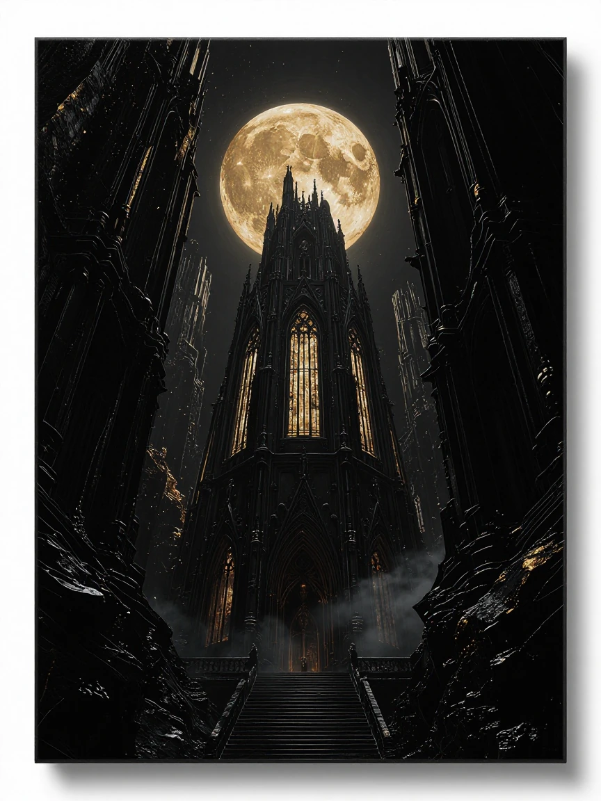 An original dark fantasy masterpiece on a deep matte obsidian black textured canvas. Luxurious antique metallic gold leaf accents and warm burnished gold illumination. Restrained color palette using only deep obsidian black, charcoal, graphite, and a