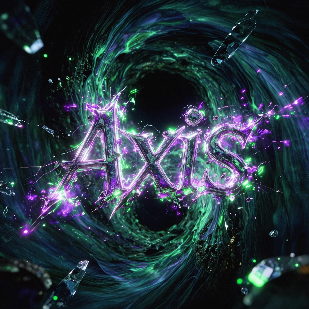 A hyperrealistic, cinematic dark art masterpiece centered around the word " Axis" exploding from the void. The typography is jagged, metallic, and fractured, glowing with an intense, volatile neon violet and toxic green energy, shattering the surroun