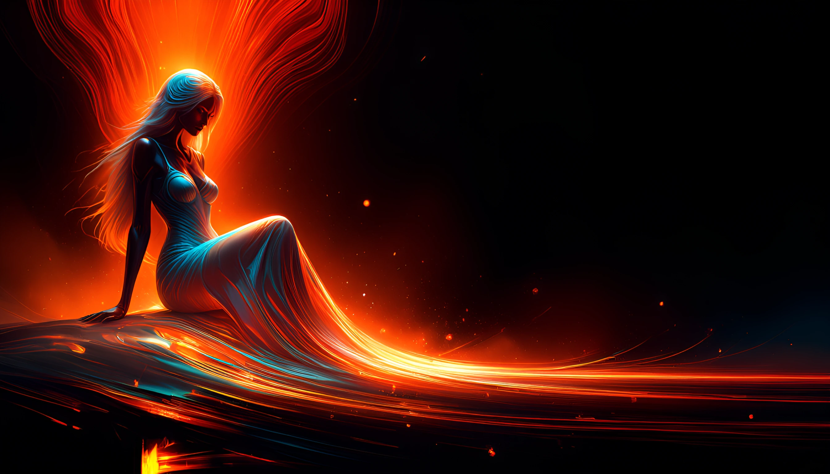 dark fantasy 80s woman sitting dessert flat white sand with flowing white dress on, she has powder blue hair and the background is orange, but faded, 