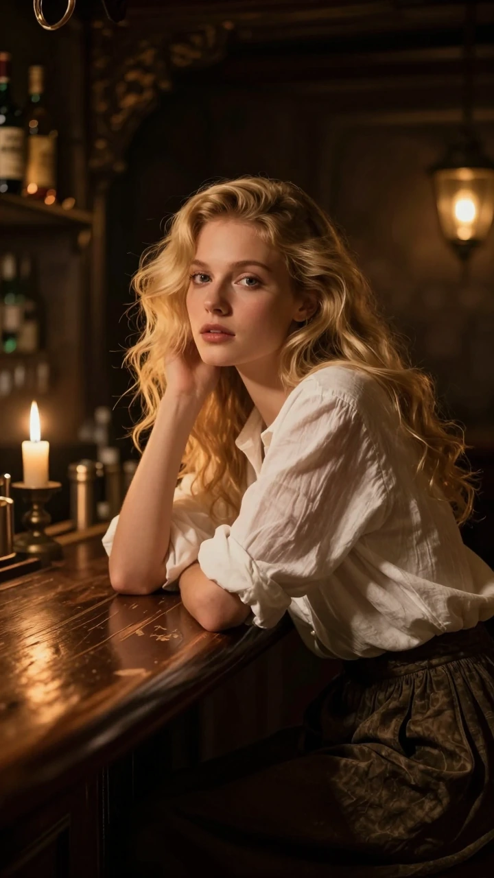 Young woman with long wavy blonde hair seated at a worn wooden bar in candlelit tavern light, white linen shirt sleeves rolled, dark skirt, leaning forward on her forearms in a moment of quiet reflection—shot in the style of classical Dutch golden-ag