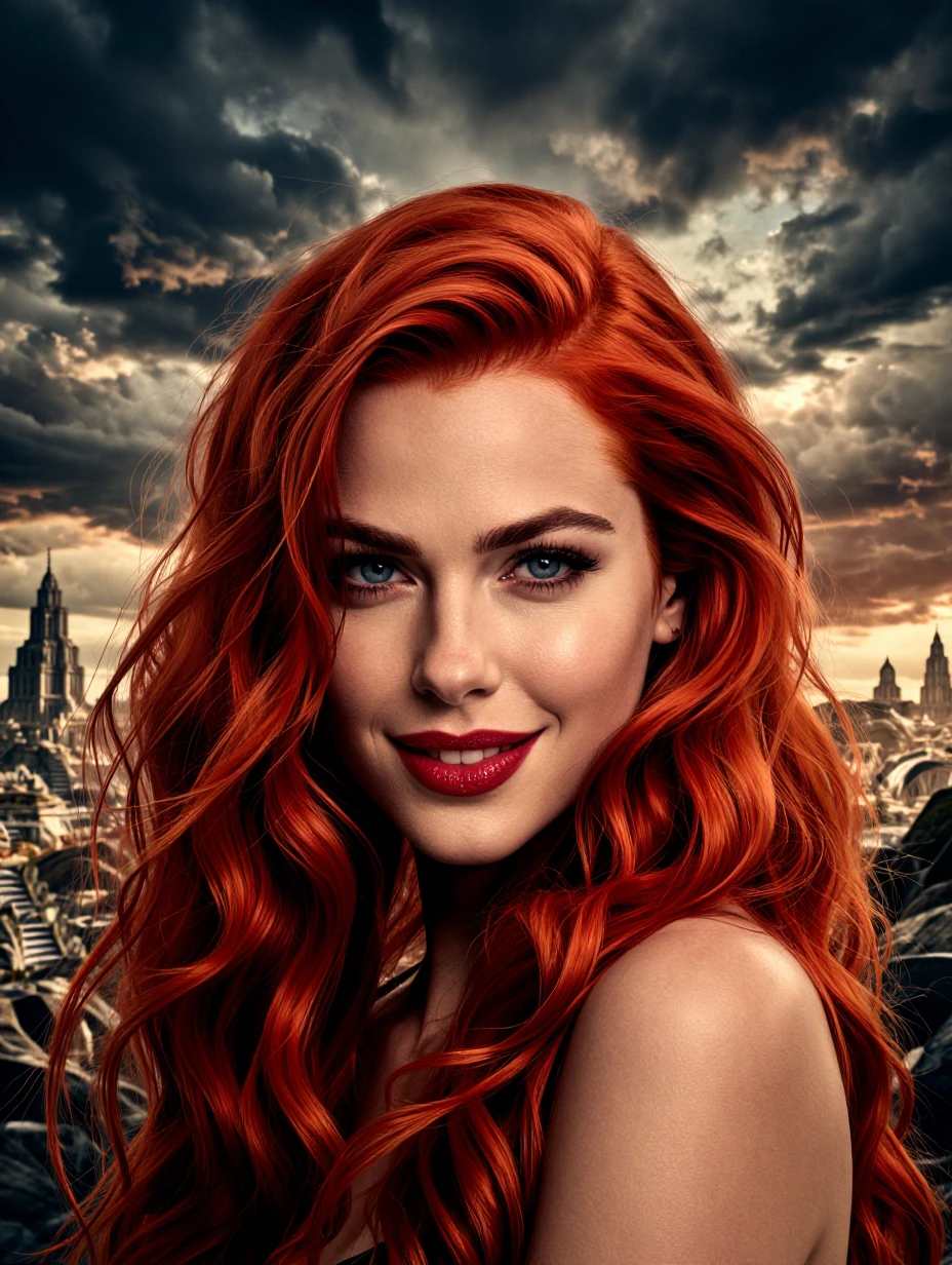 Red headed extremely beautiful woman, her long hair should be dyed vibrant red, bare shoulders headshot, blue eyes, thin nose, angular cheek bones, cute mouth with crimson painted kissable lips, high fashion styled hair, eye contact, smile, heavy mak