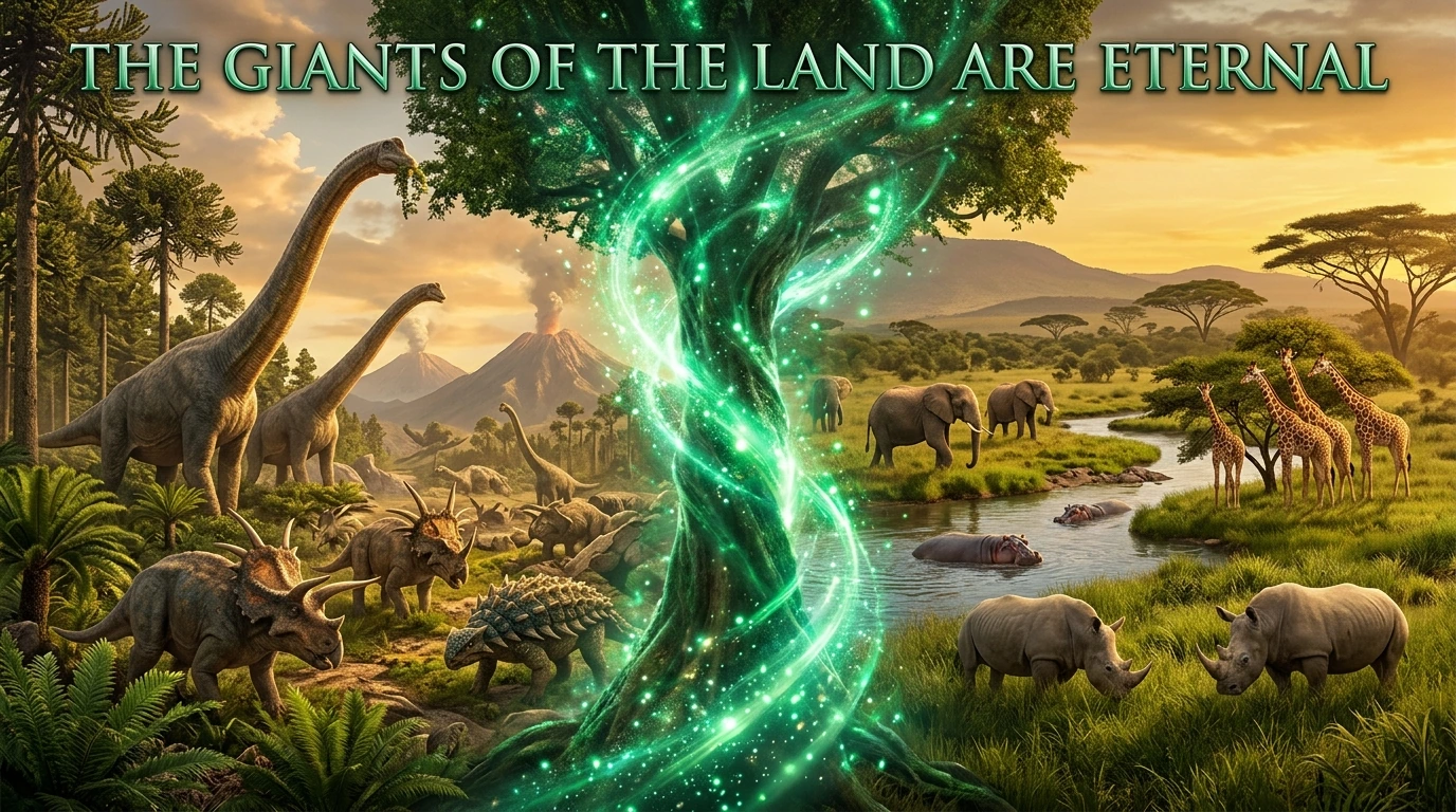 A split-panel composition divided by a vertical tree-shaped vortex swirling with emerald light: on the left, Mesozoic sauropods with impossibly long necks feeding from canopy-high conifers, surrounded by grazing ceratopsians and ankylosaurs under a g