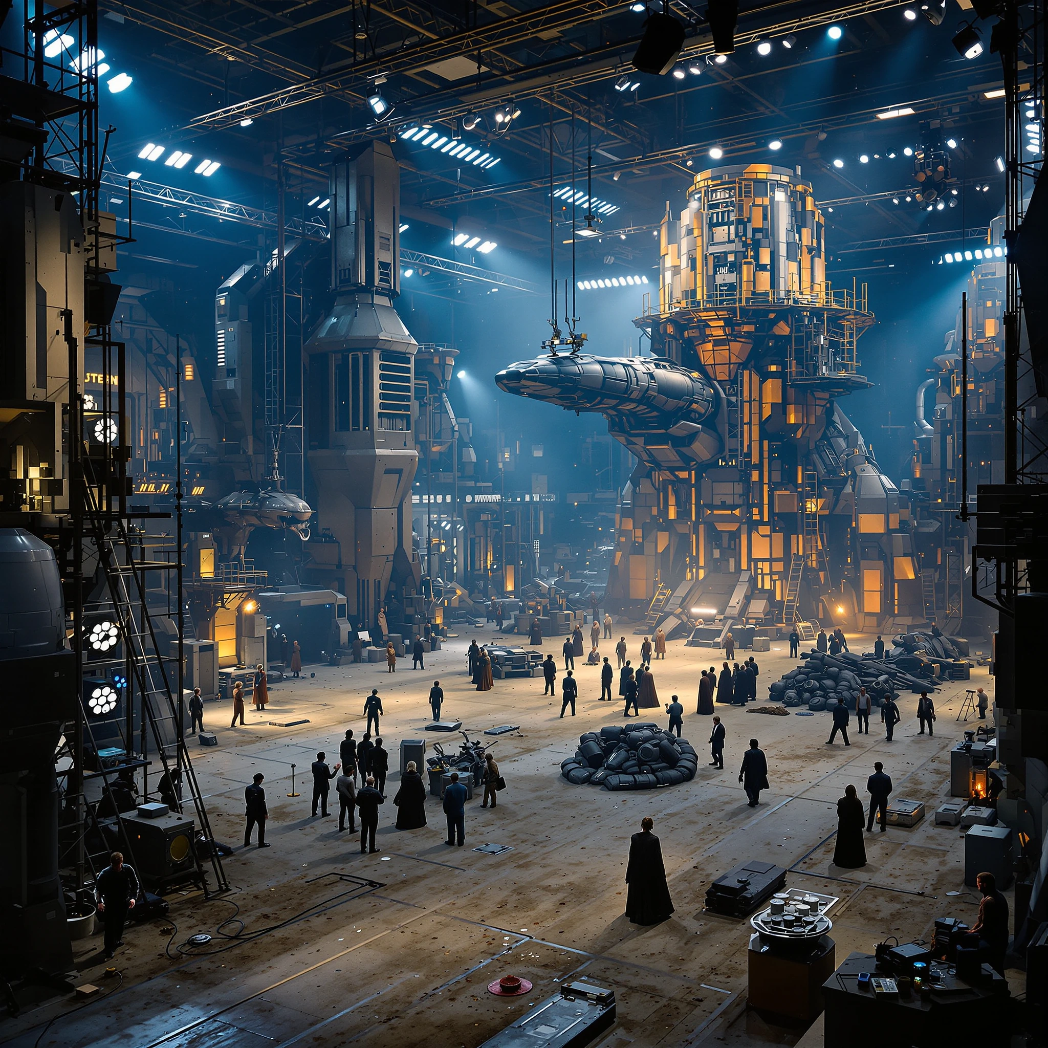 sprawling star wars film set outdoors, massive practical environment with towering alien structures and intricate built sets, film crew visible throughout the scene, cinematographers on cranes and dollies, gaffer rigs and lighting equipment overhead,