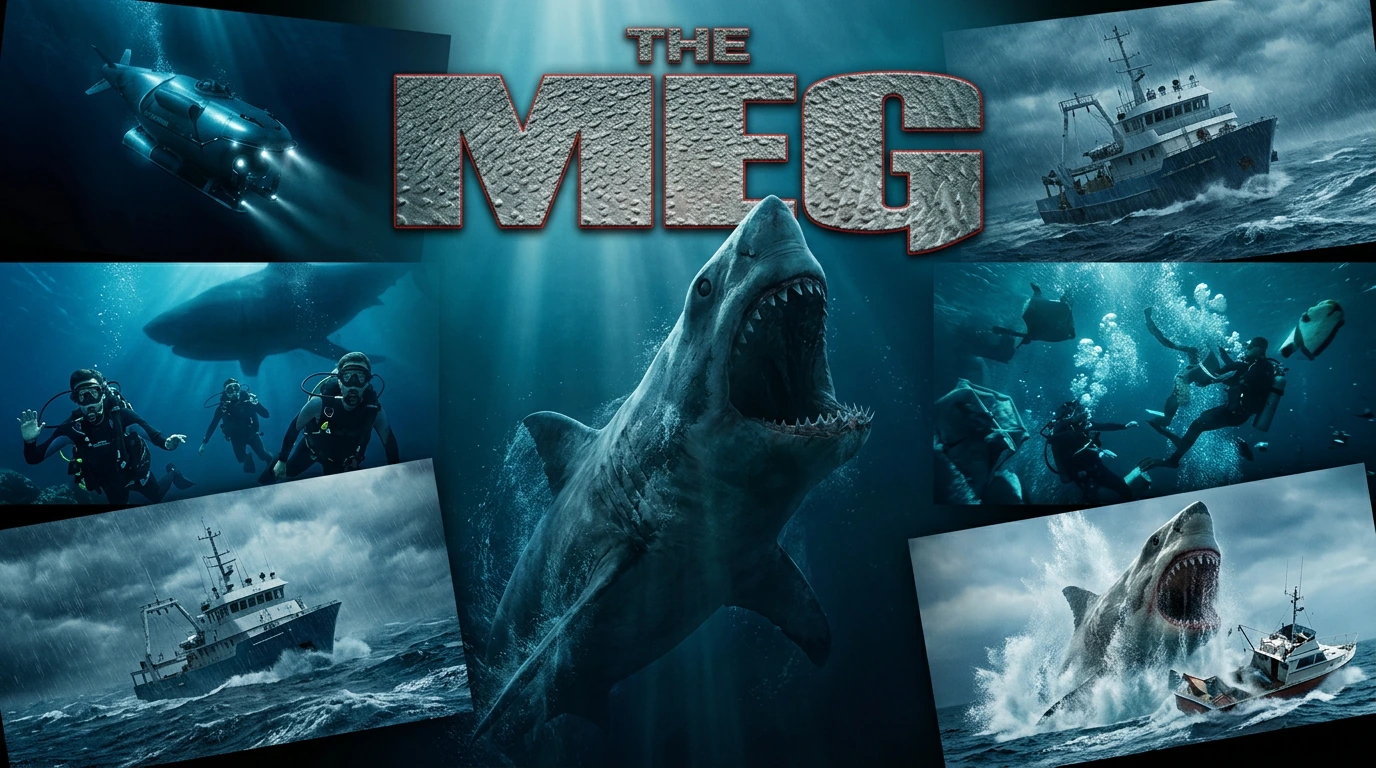 Title "The Meg" Text looks like Sharkskin edged in red. Cinematic photorealistic montage in a wide landscape composition, dramatic deep-ocean lighting with shafts of light piercing dark water. Centre: a massive prehistoric shark silhouette rising fro