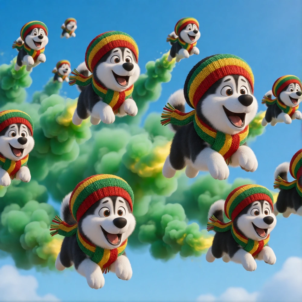 swarm of tiny flying huskies with humanlike expressive faces, wearing colorful Rastafari red gold and green knitted hats and scarves, flying through a