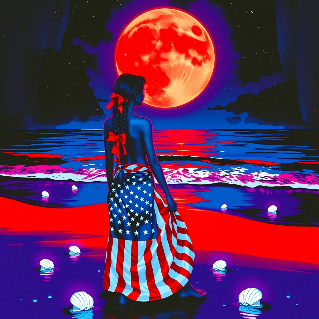 Woman on a night beach, long braids woven with red, white, and blue ribbons, draped in a flag-print sarong, gazing at a geometric red-white-blue moon painted with stark Stars and Stripes, rendered in the hyper-saturated flat-color style of 1960s poli