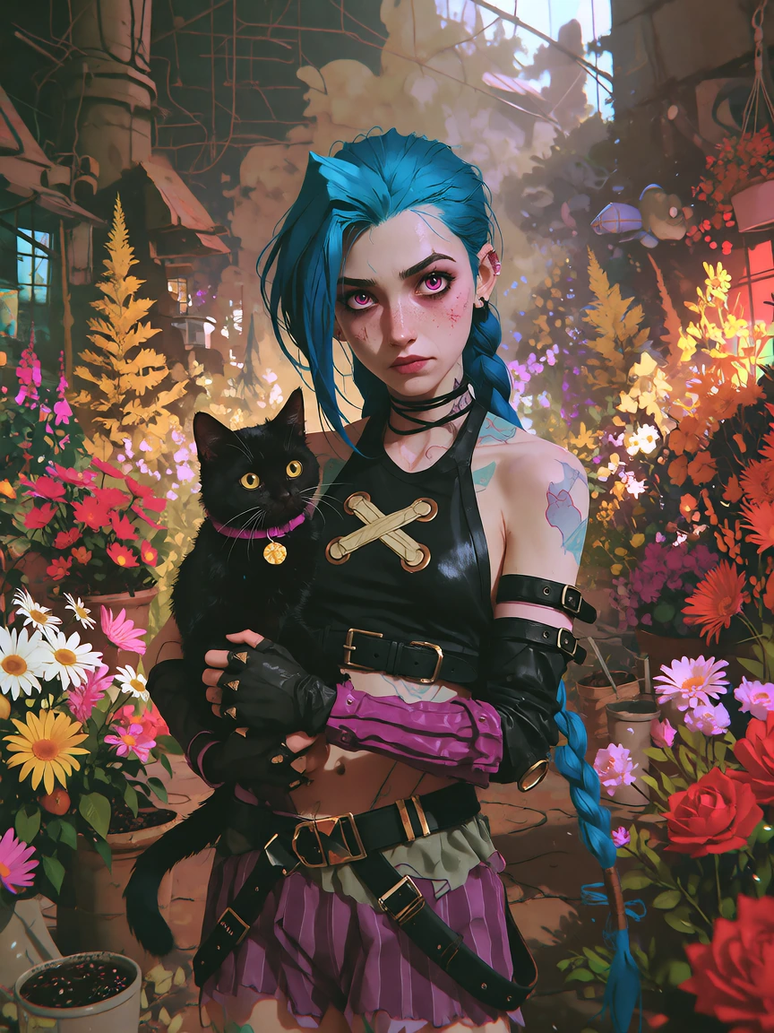 Goth Closeup Gorgeous Jinx and her cat at a flower show.