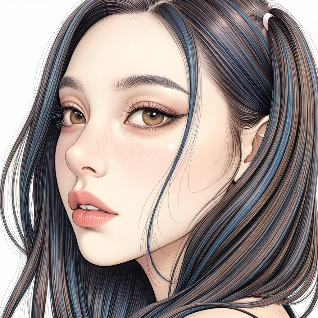 Ultra-detailed colored pencil portrait illustration of a beautiful brunette woman with twin tails , transformed into a close-up side-profile composition. One striking hazel-brown eye is the focal point, framed by long eyelashes and dramatic blue hair