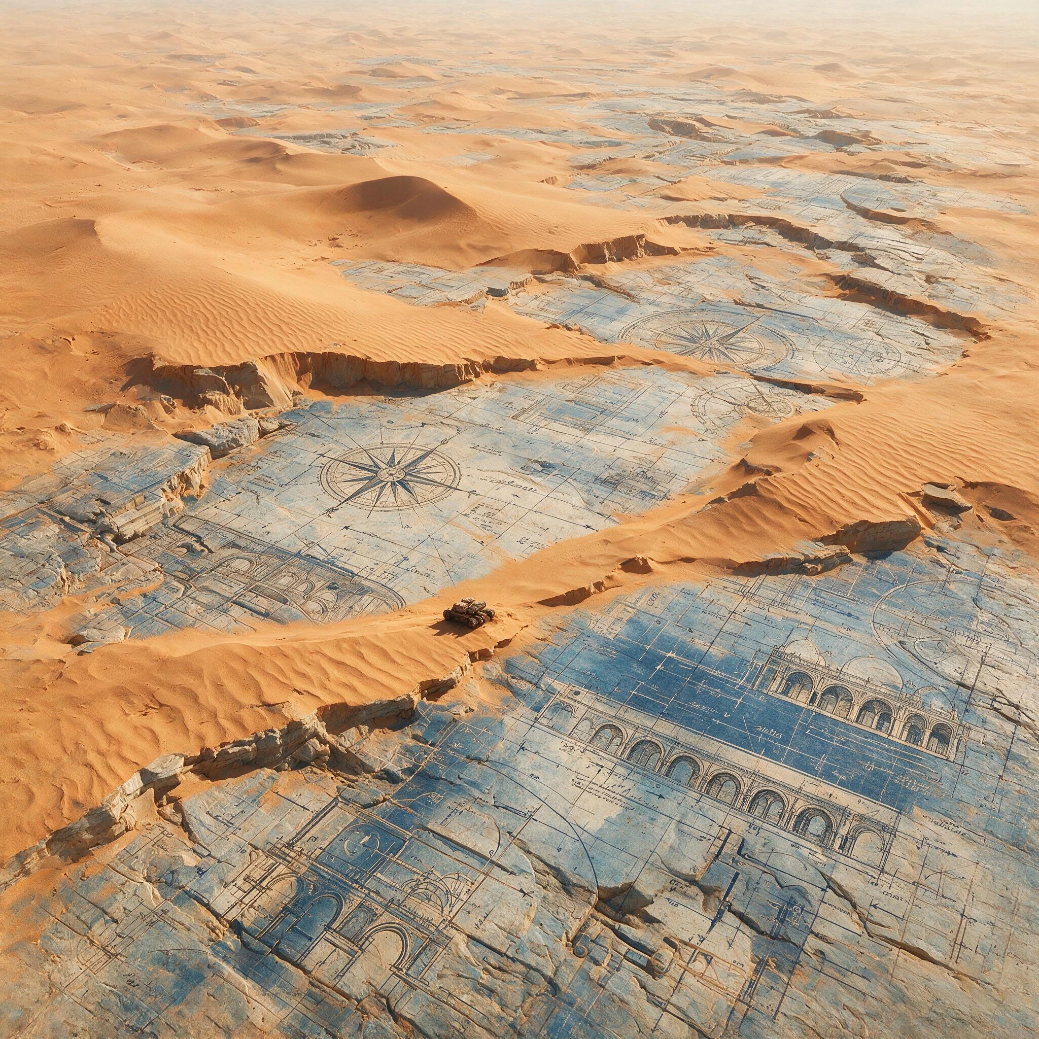 Vast desert landscape where sand dunes have been deliberately peeled back in jagged strips, exposing enormous architectural blueprints beneath—sectional drawings, geometric construction lines, and handwritten engineering notes rendered at geological
