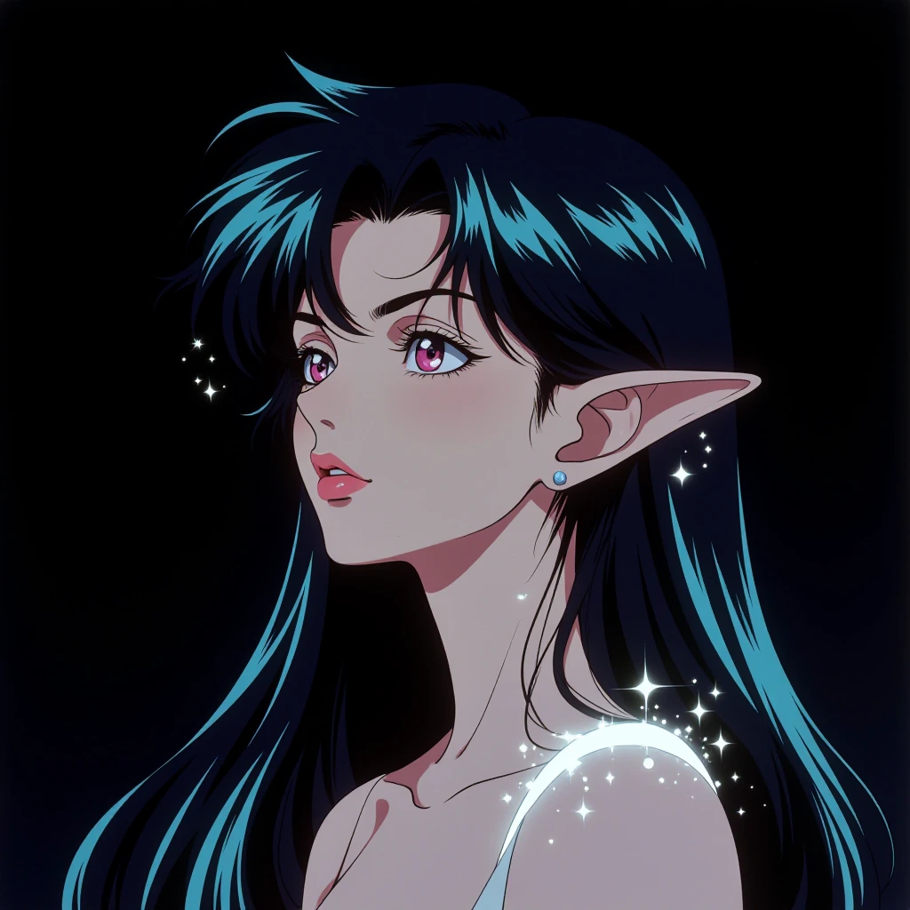 A ethereal anime-style portrait features a pale-skinned figure in profile against a dark background. Long, flowing black hair with iridescent blue and teal streaks cascades down, creating graceful curves. The character has striking features: large, e