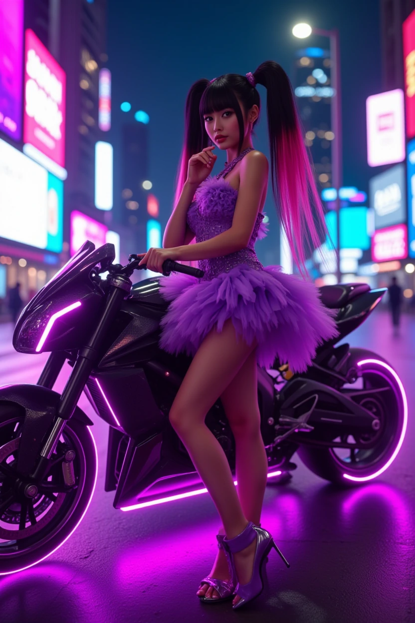 Glamorous selfie shot, beautiful fit woman with striking black and fuchsia twin tail hairstyle, confident sassy pose with hand near face, wearing eleg