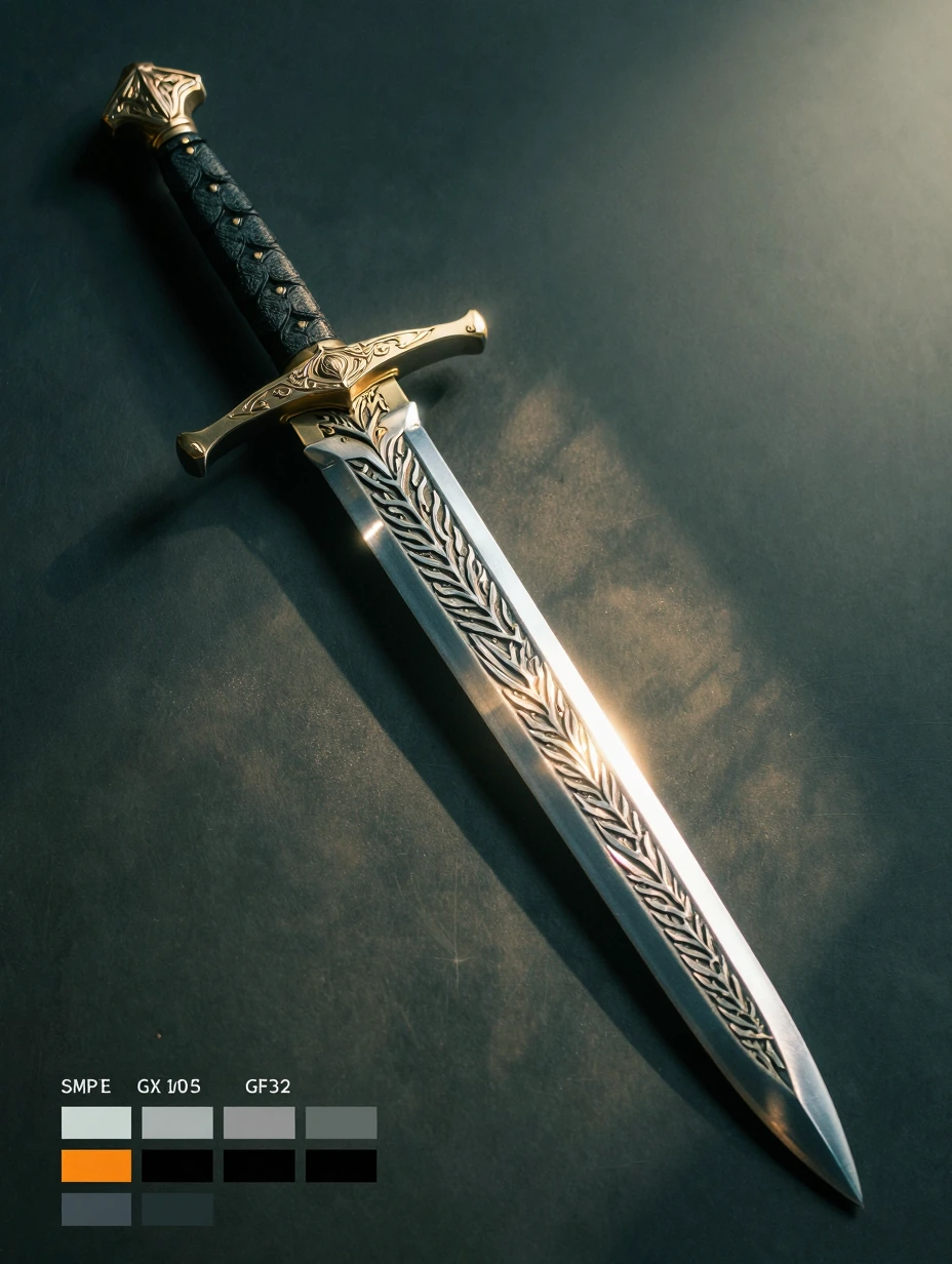 Savage ultra masculine leaf blade Sword of power, inset with a powerful animal spirit and it's likeness worked into the hilt. Light refracting Runes inscribe the blade, its dual edges burnished in shimmering silver that catch the sunlight blinding op